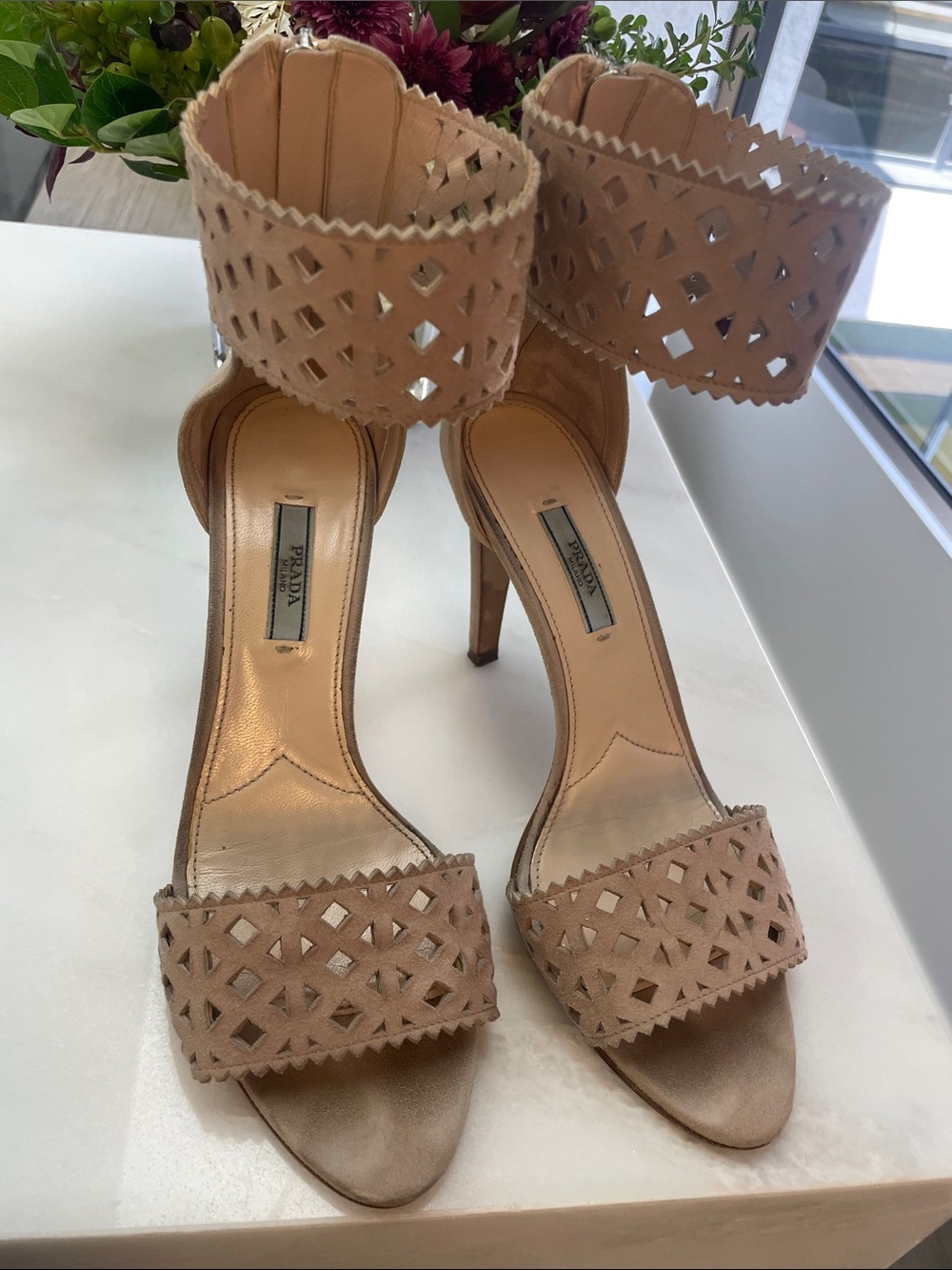 Prada Nude Laser-Cut Ankle Strap Stiletto Sandals